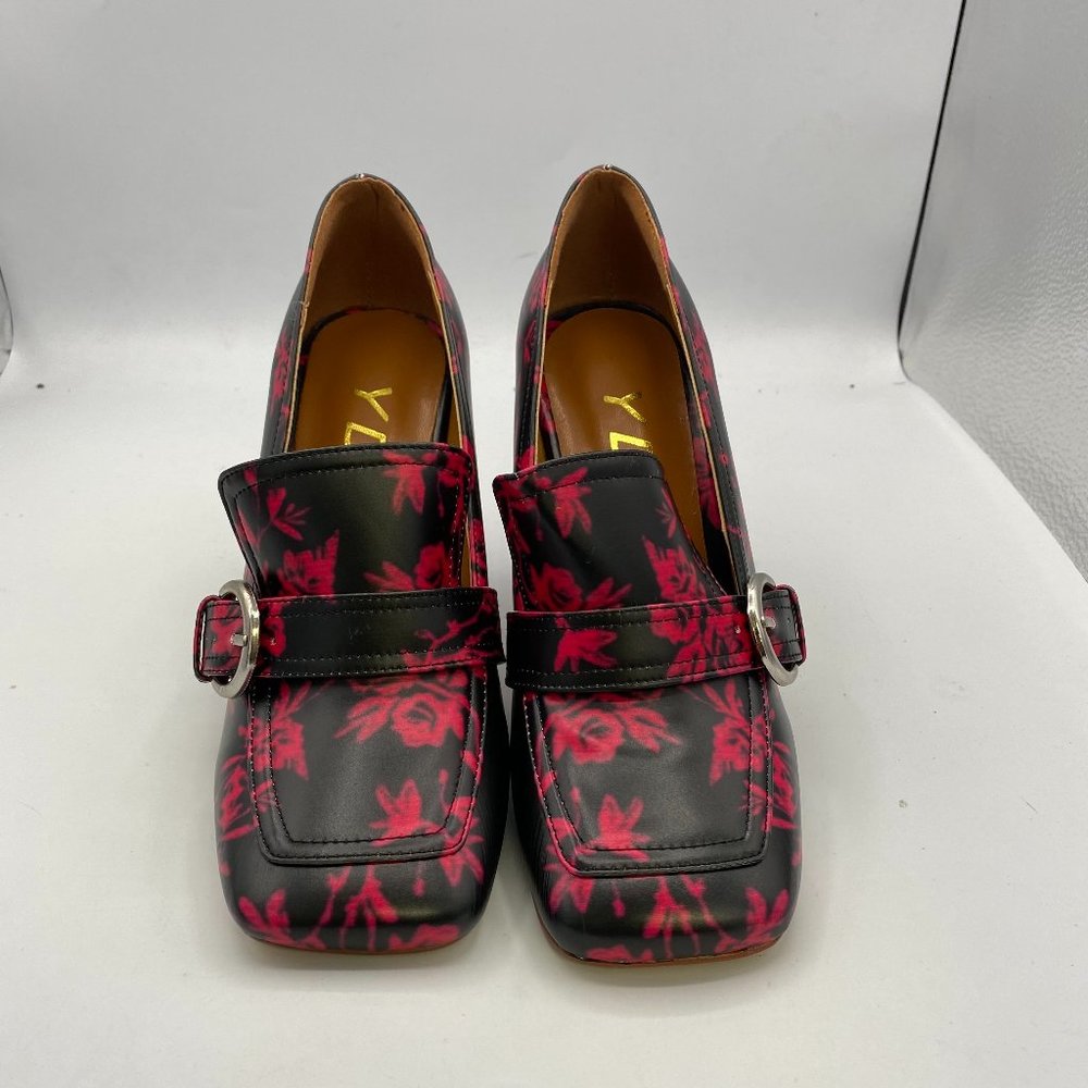 YDN black square toe chunky buckle heels pumps shoes #3